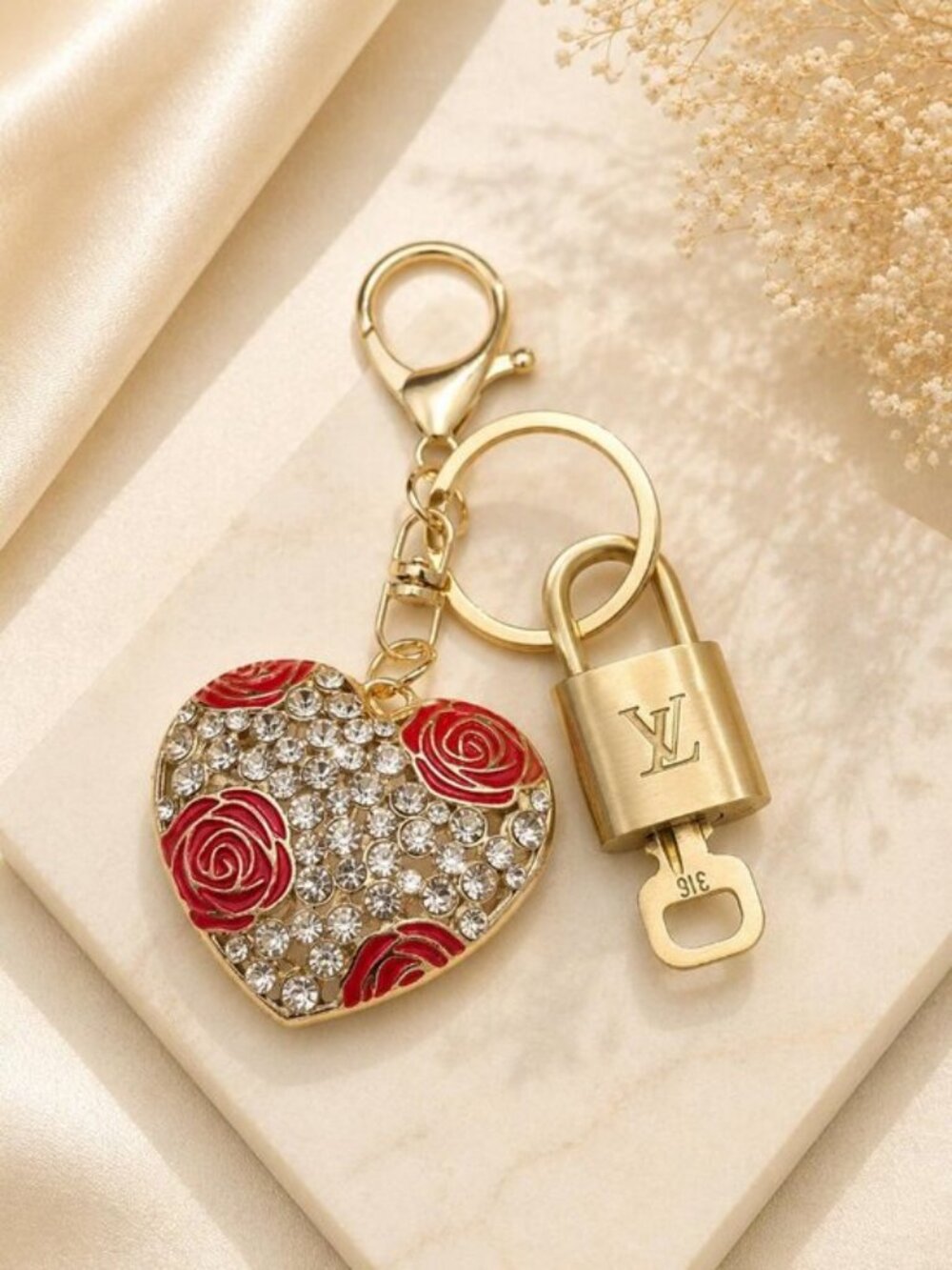 Louis Vuitton Authentic Gold Padlock 🔒Key + Unbranded Heart Keychain Bag Charm